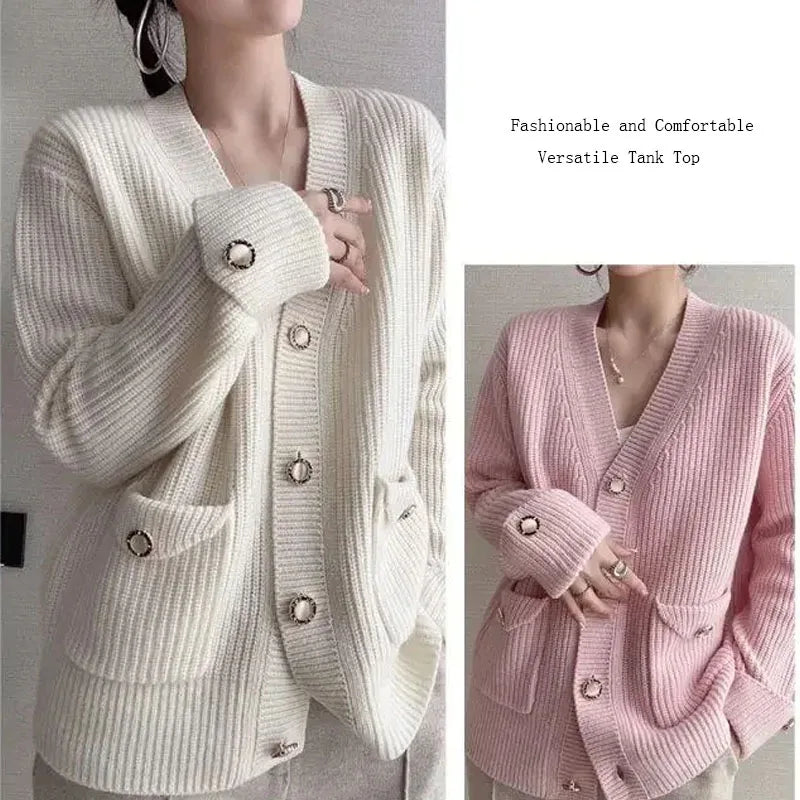 Elegant   Loose-Fit V-Neck Knitted  Cardigan with  Long Sleeve One Size