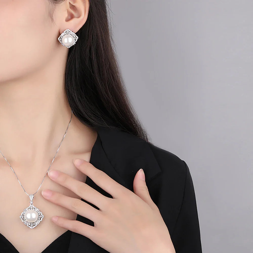 Large Pearl Pendant Necklace & Earrings Set