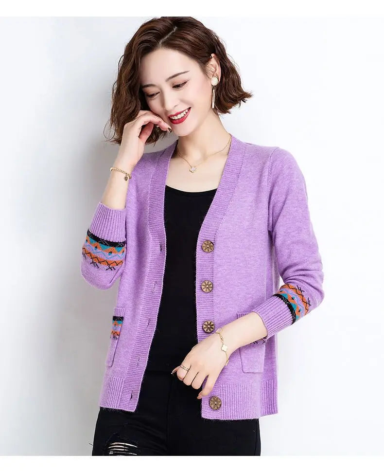 Folk Vintage Button V-Neck  Cardigans with Long Sleeves and Pockets