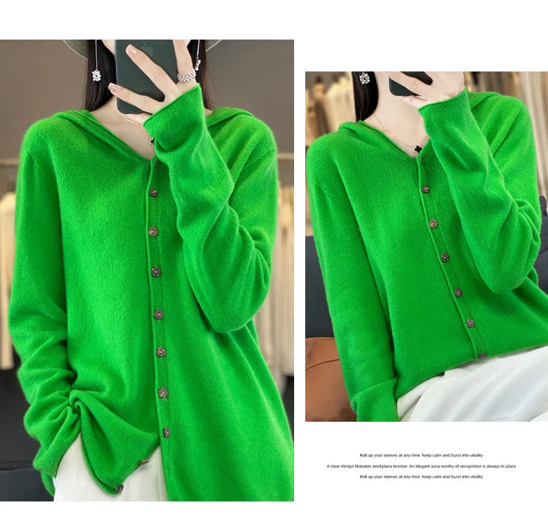 100% Merino Wool  Hooded Cardigan