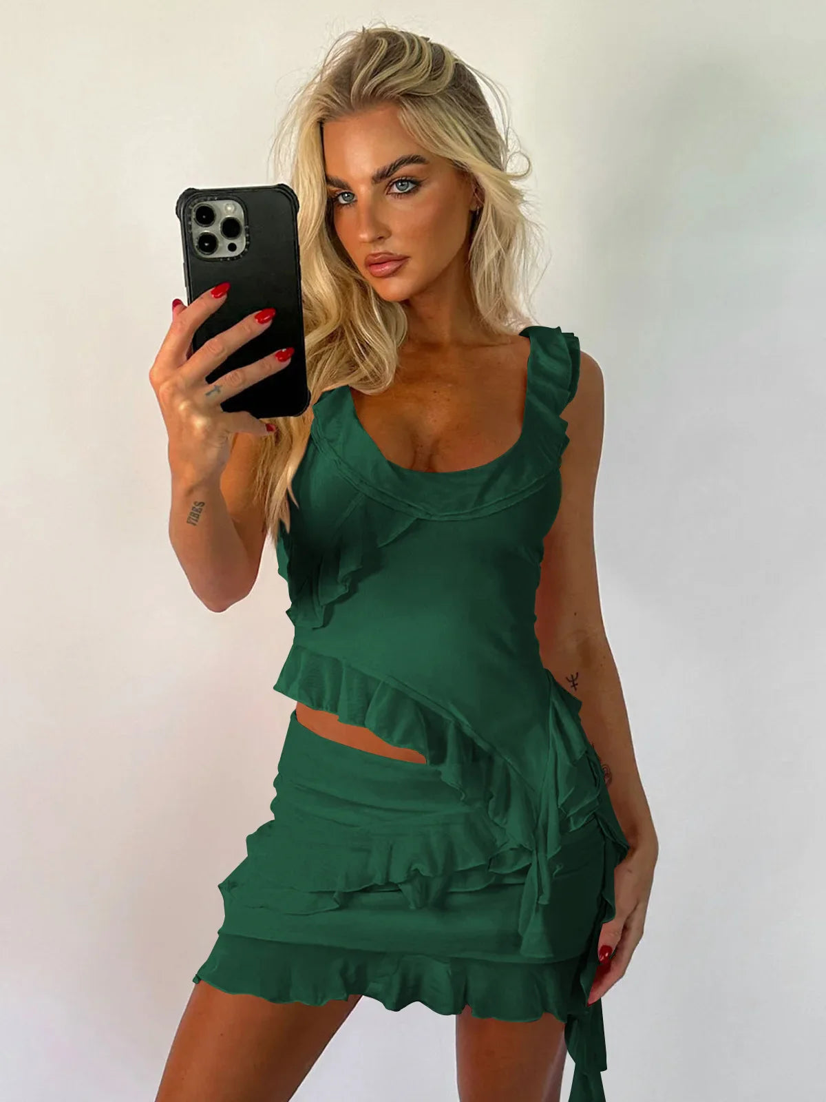 Irregular Design Skirt & U-neck 2 Piece Ruffled Dress Set