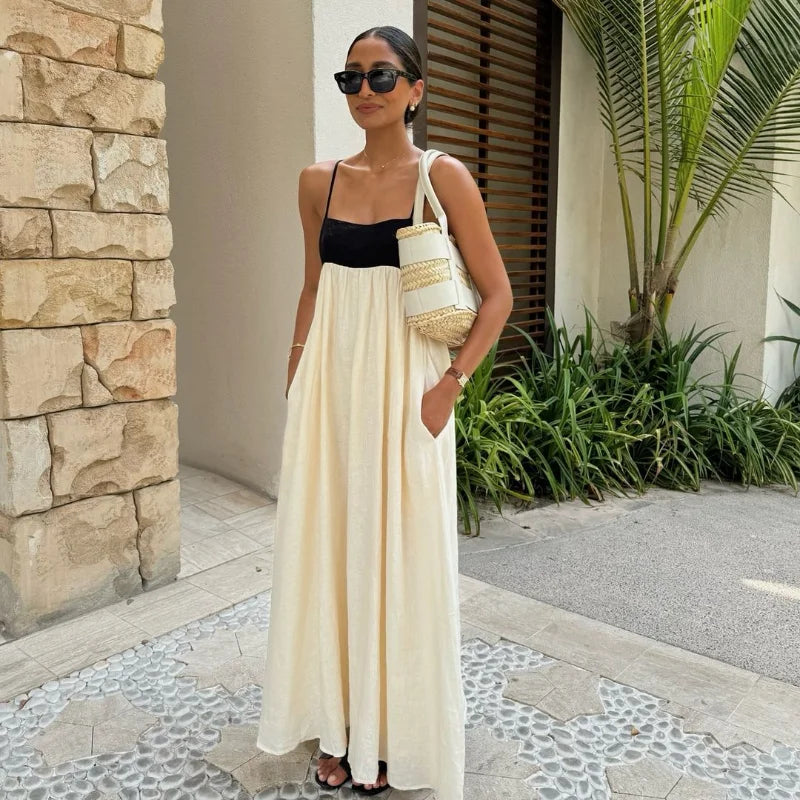 White and Black  Contrasting Color Hollow Out Sling Maxi Sleeveless Dress