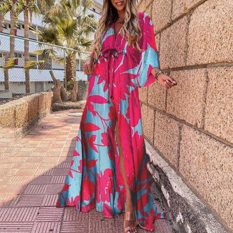 Elegant Artsy Print Oversized Holiday Beachy Maxi V-Neck Dress