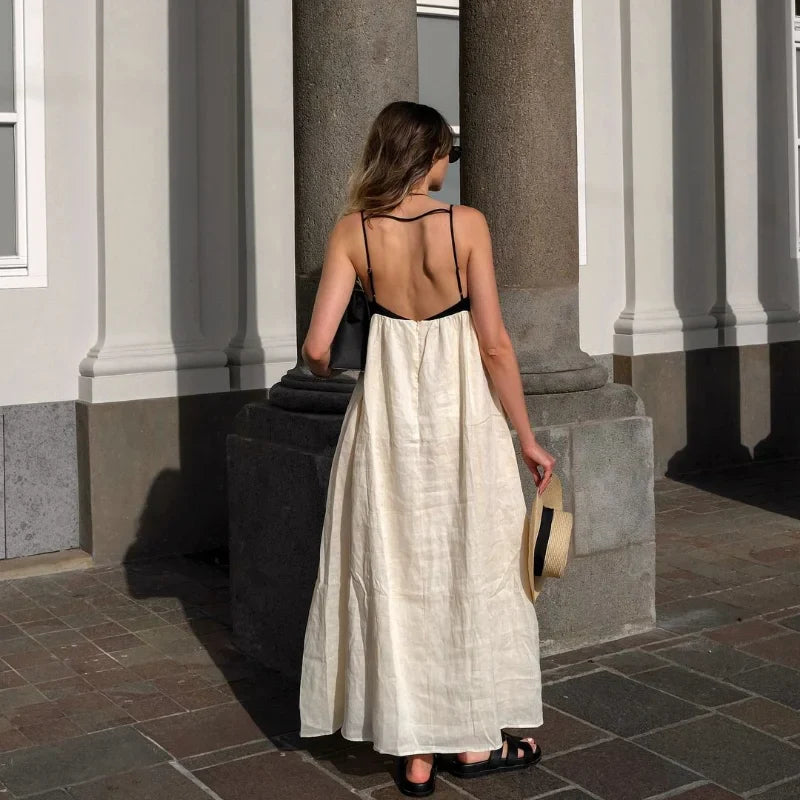 White and Black  Contrasting Color Hollow Out Sling Maxi Sleeveless Dress