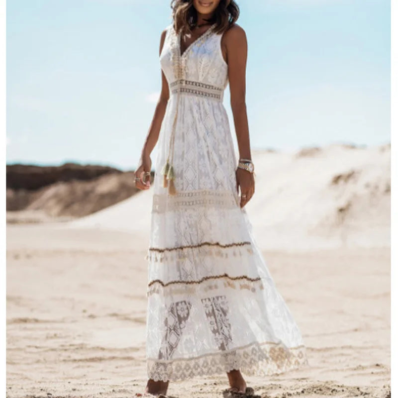 Boho White Beige Lace V Neck Dress