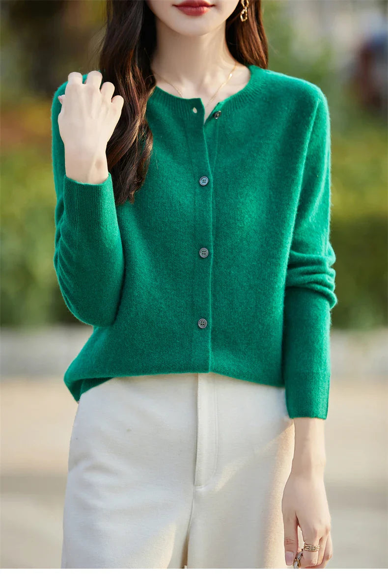 Soft Wool Cashmere Blend Knitted Round Neck Cardigan
