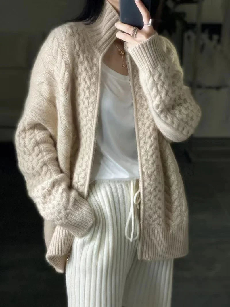 Luxurious High Neck Knit Wool Zippered Cardigan Sweater Jacket