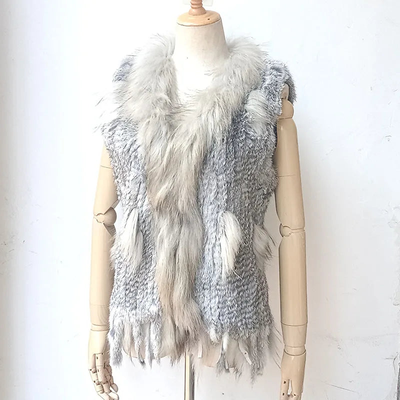Warm Sleeveless Genuine Rabbit Fur Knitted Vest with Tassel