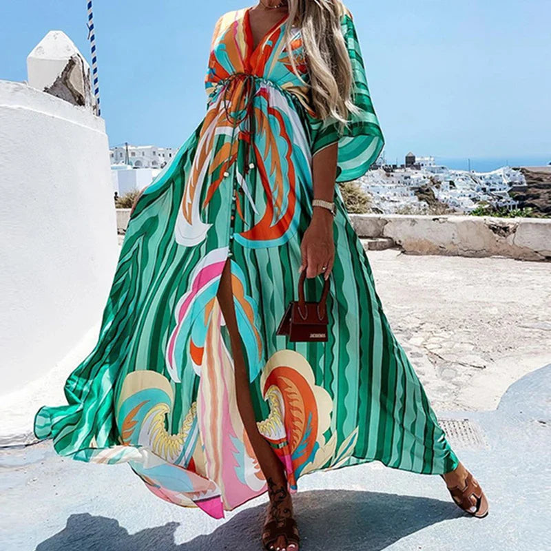 Elegant Artsy Print Oversized Holiday Beachy Maxi V-Neck Dress