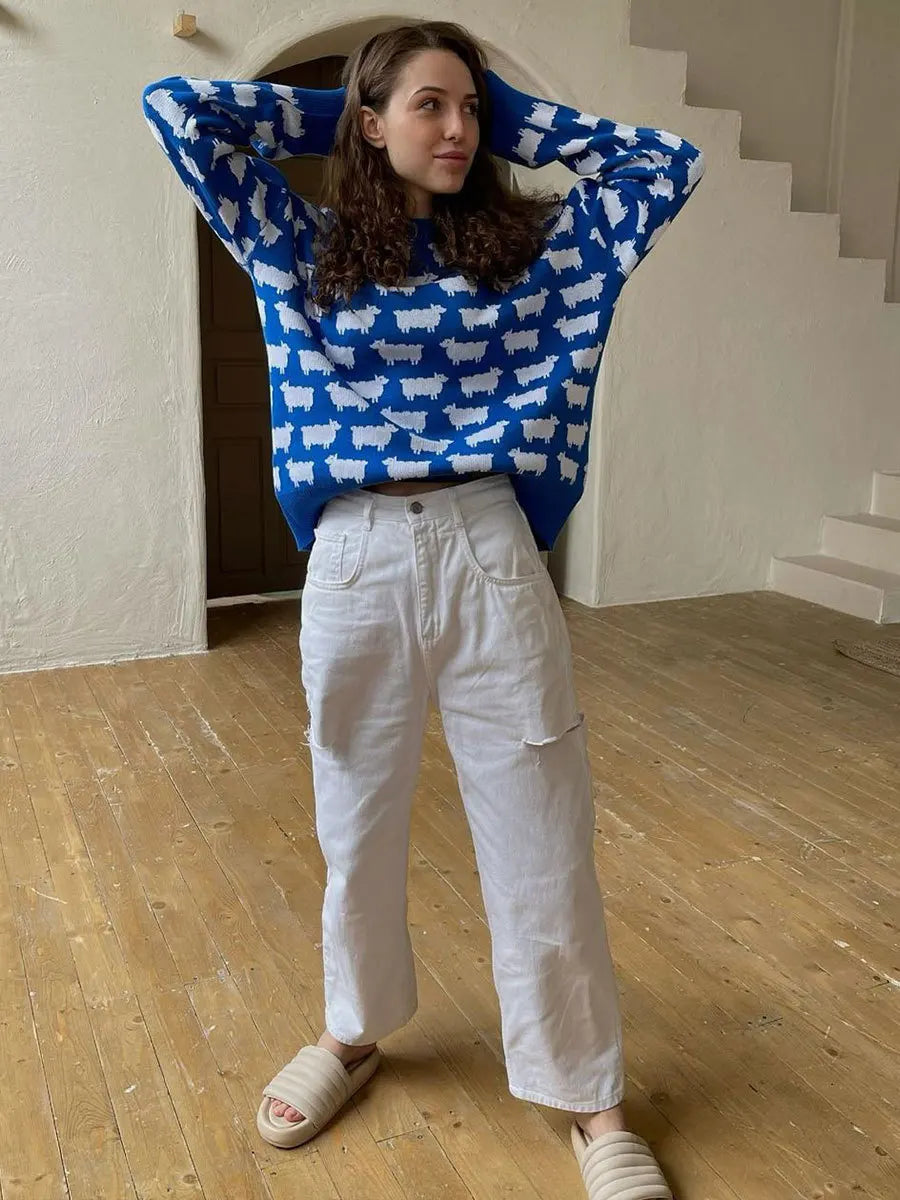 O-neck Alpaca Loose Casual Mid Length Printed Sweater