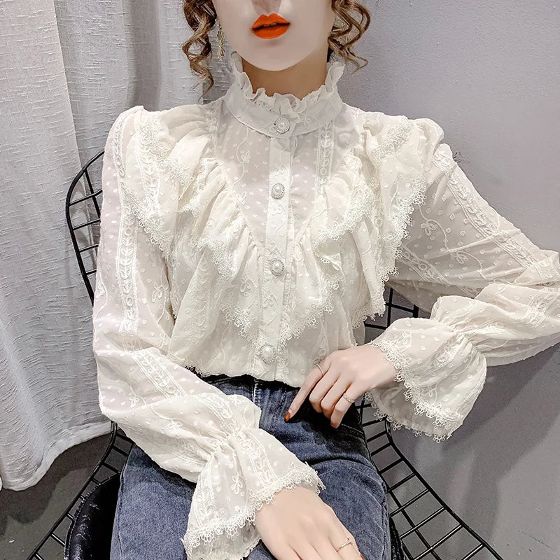 Victorian Style Ruffle Lace  Stand Collar Pleated Blouse with  Long Sleeve