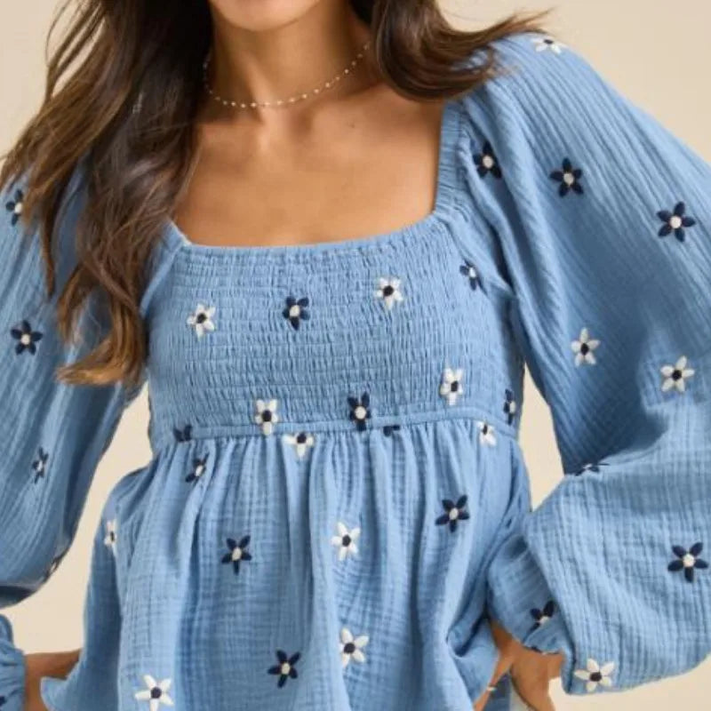 Floral Embroidered Smocked Square Neck Vintage Casual Tops