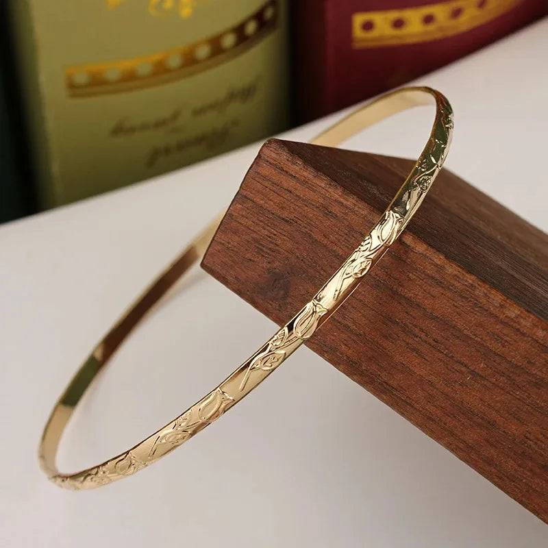 Slim Metal Bangles Gold Plated Carved Flower Layered Cuff Bracelet