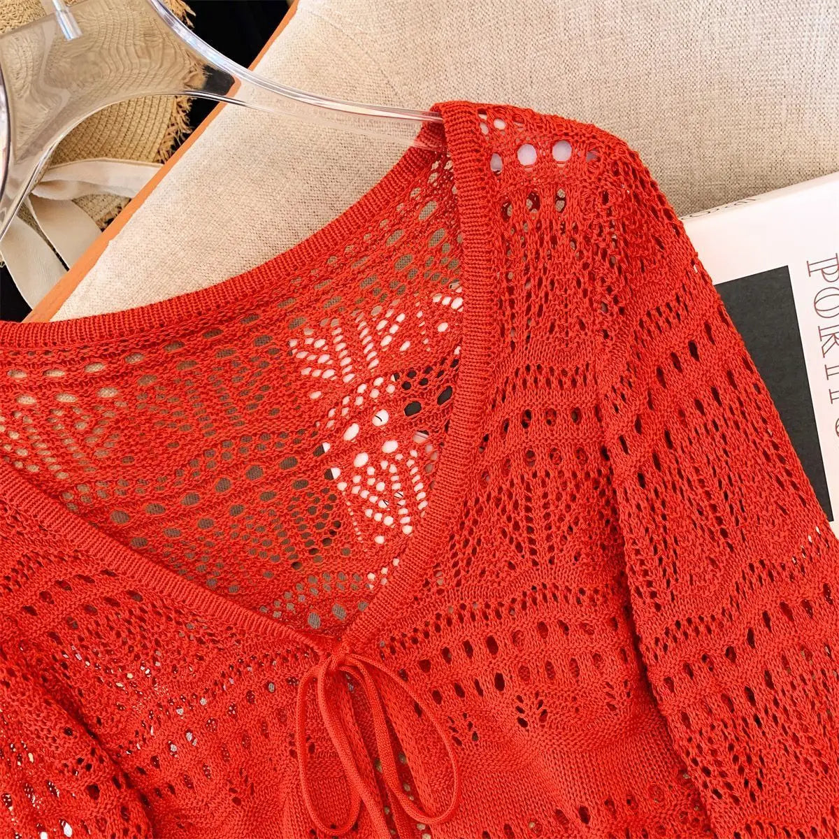 Casual Comfort Crochet  Short Top  Knitted Cardigan with Long Sleeves