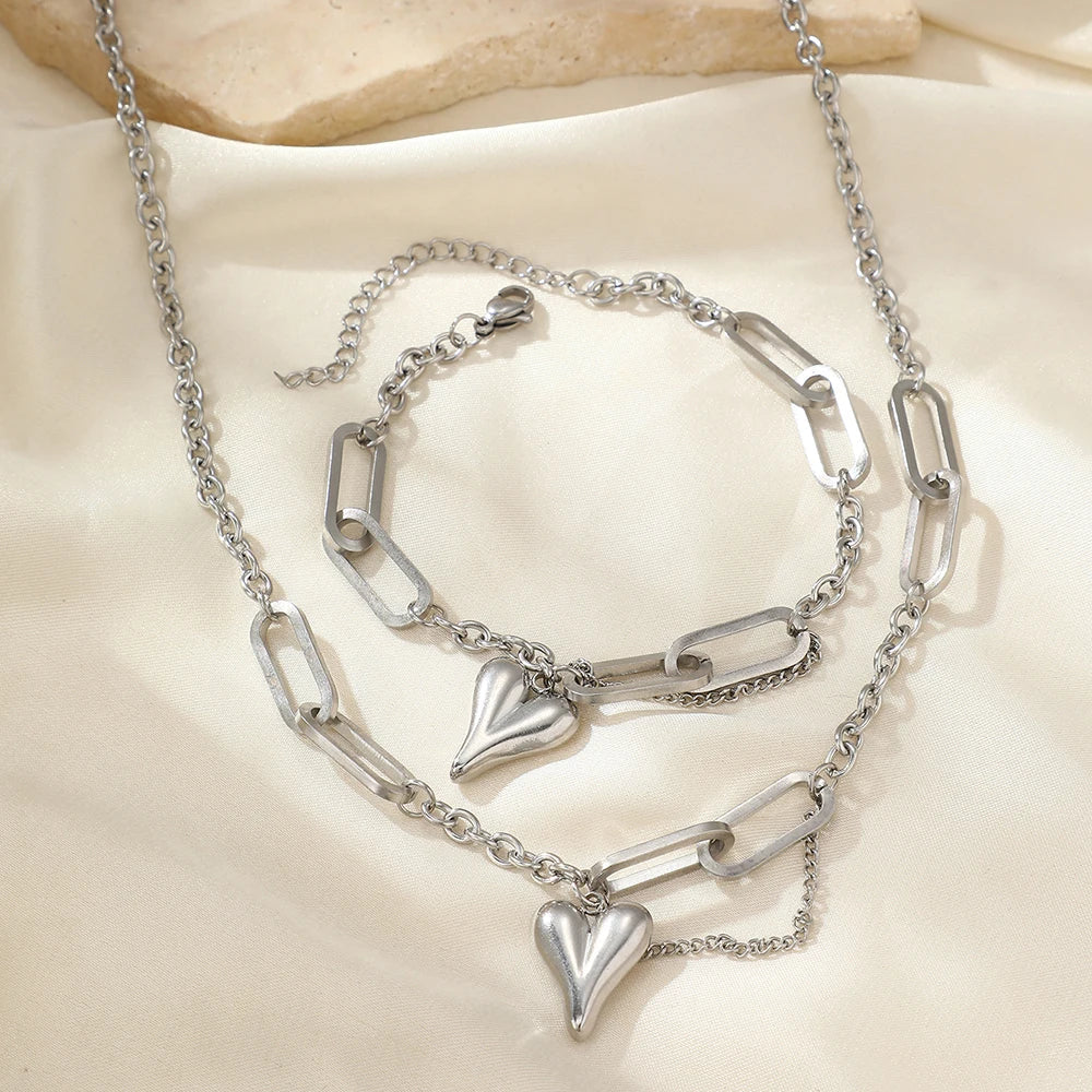Matching Heart Shaped Chain Necklace & Bracelet Set