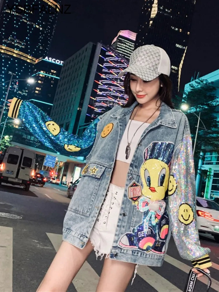 Hip Hop Cartoon Sequin Stitching Embroidery  Denim Jackets