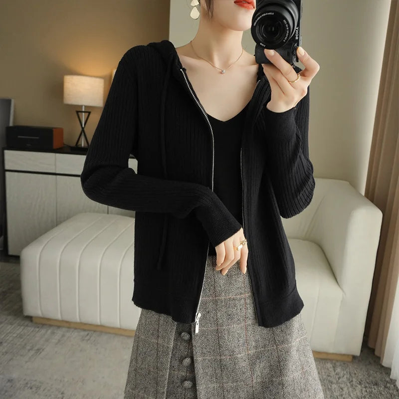 Buttery Soft 100% Pure Merino Wool Knitted  Zipper Hooded Cardigan