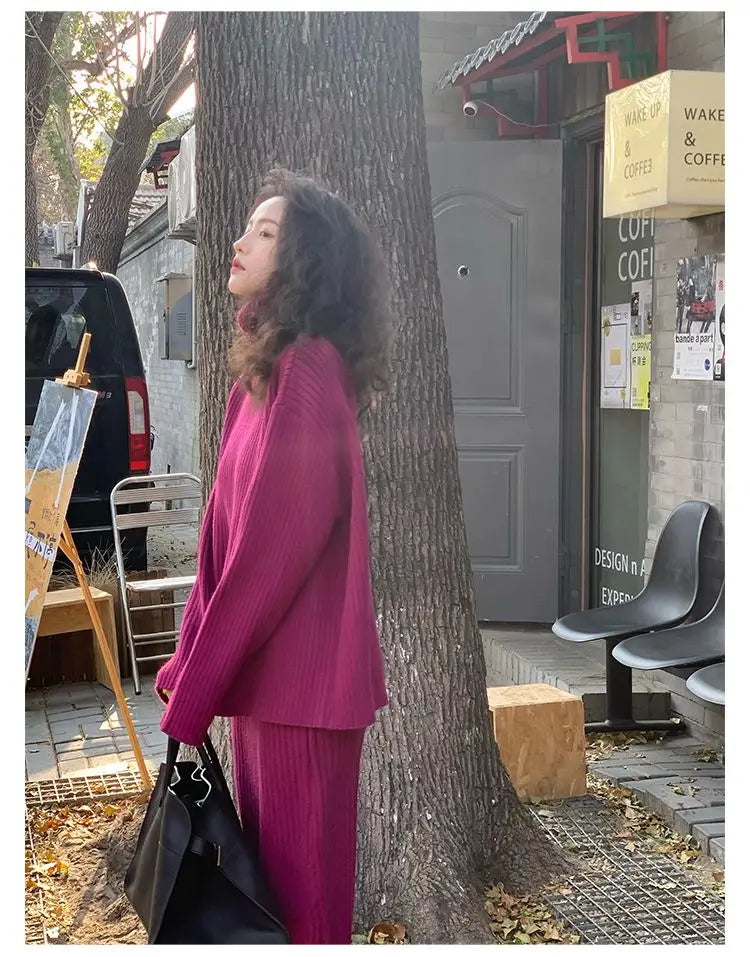 French Trendy Retro Two-piece Set with High Neck Sweater Knitted Top