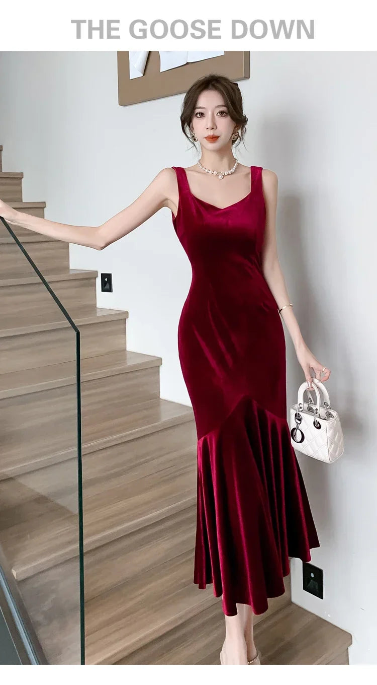 NEW Elegant Korean  Velvet Backless Sleeveless Midi Mermaid Dresses