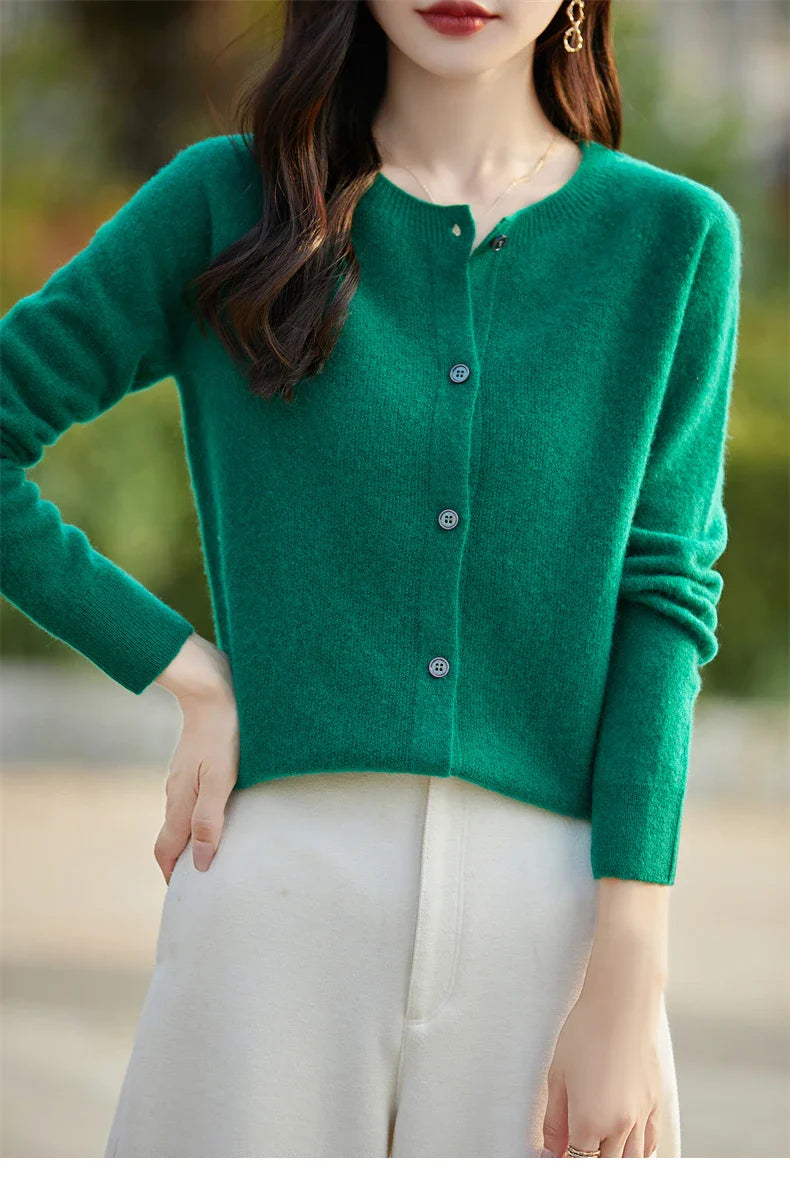 Soft Wool Cashmere Blend Knitted Round Neck Cardigan