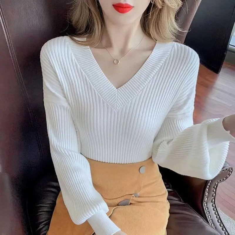 Vibrant Style Casual V-neck  Knit  Sweater Pullover