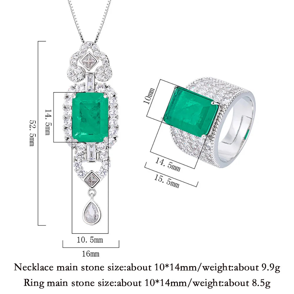 Vintage Emerald Gemstone Pendant Necklace & Ring Jewelry Set