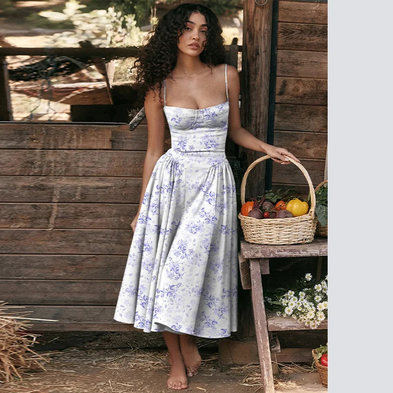 Party Pleated Hem Sling Midi Sleeveless Backless Dresses