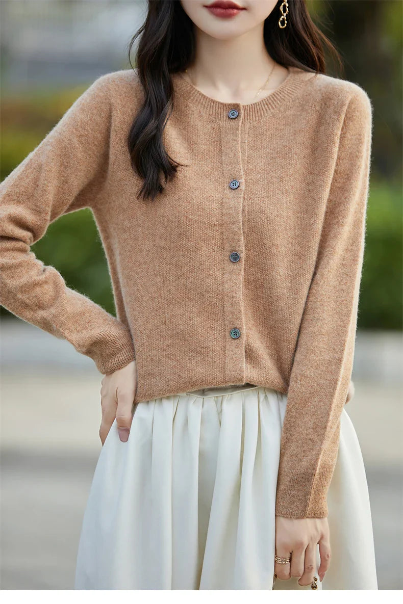 Soft Wool Cashmere Blend Knitted Round Neck Cardigan