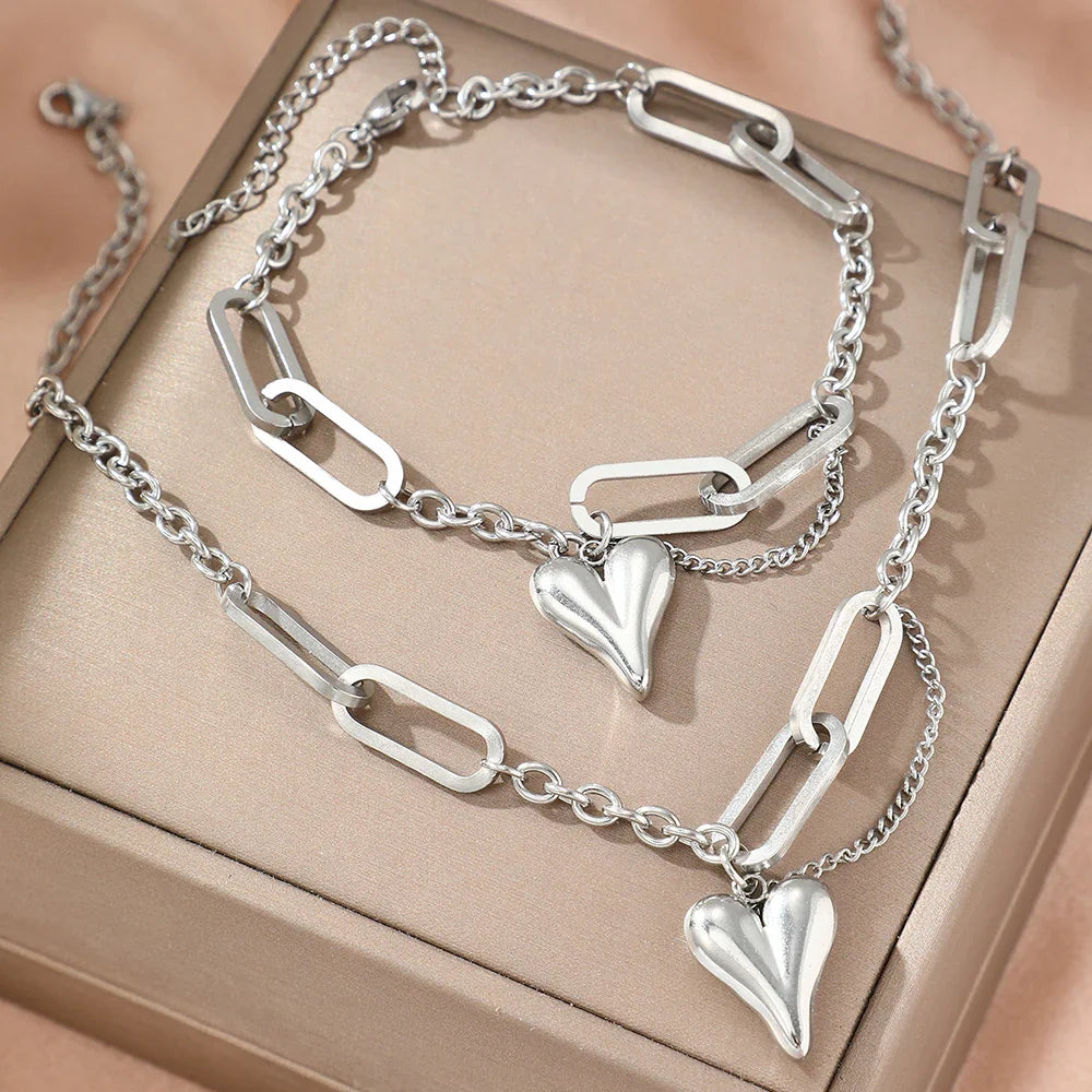 Matching Heart Shaped Chain Necklace & Bracelet Set