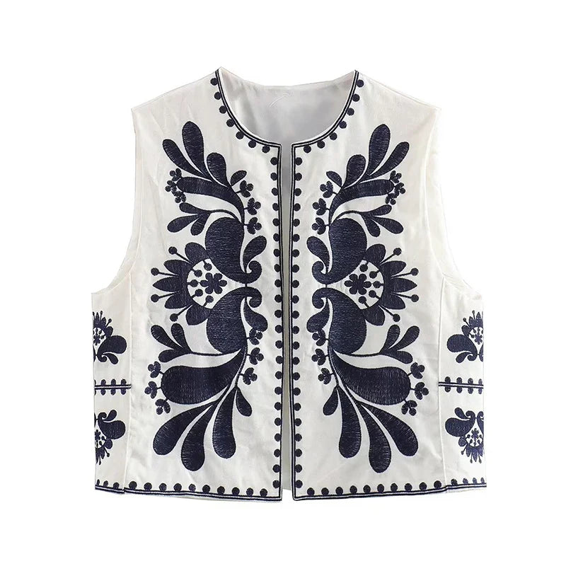 Vintage Floral Embroidered Open Waist Style Vest