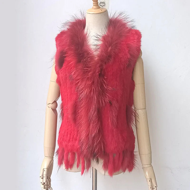 Warm Sleeveless Genuine Rabbit Fur Knitted Vest with Tassel