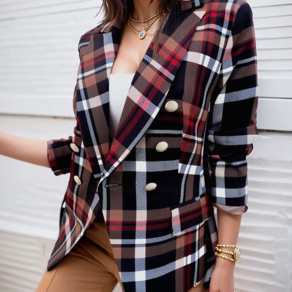 Total Styler Plaid Print Double-Breasted Blazer