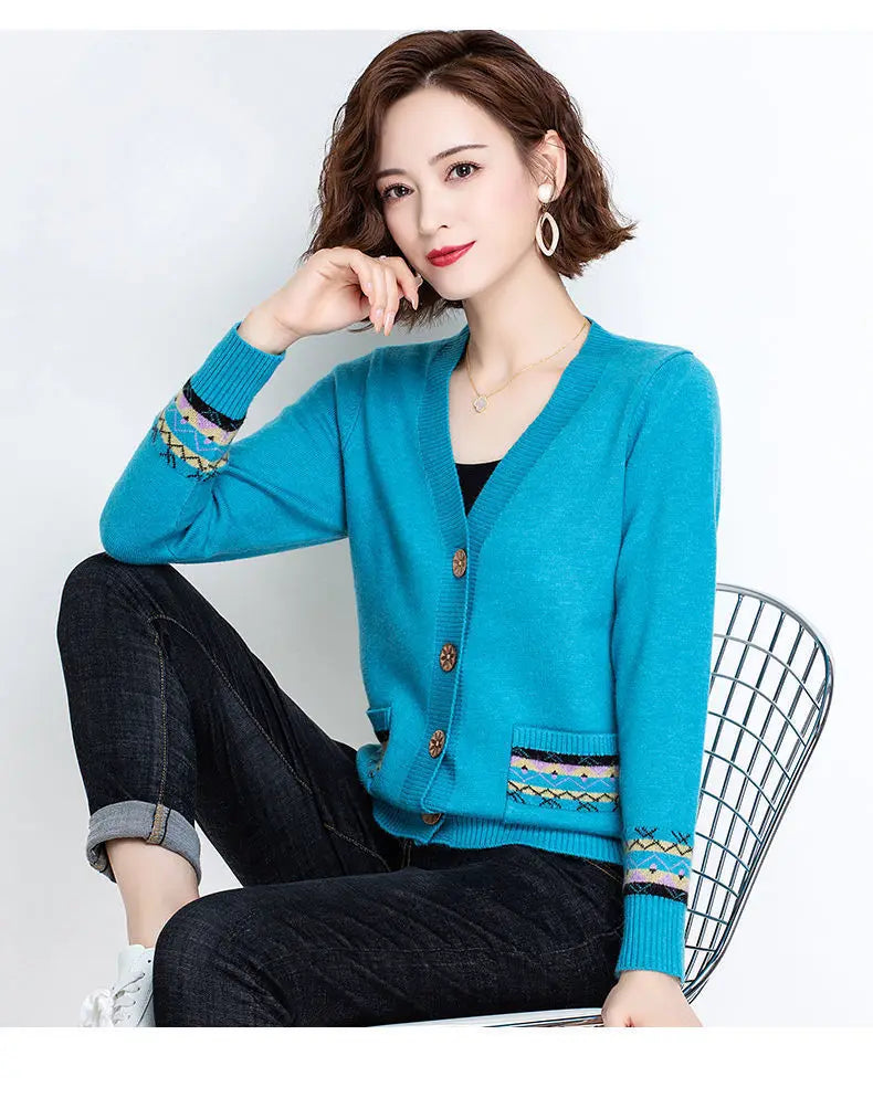 Folk Vintage Button V-Neck  Cardigans with Long Sleeves and Pockets