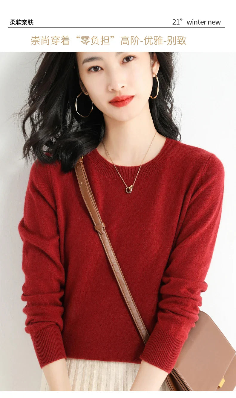 Classic Style Cashmere Round Neck Pullover with  Long Sleeve