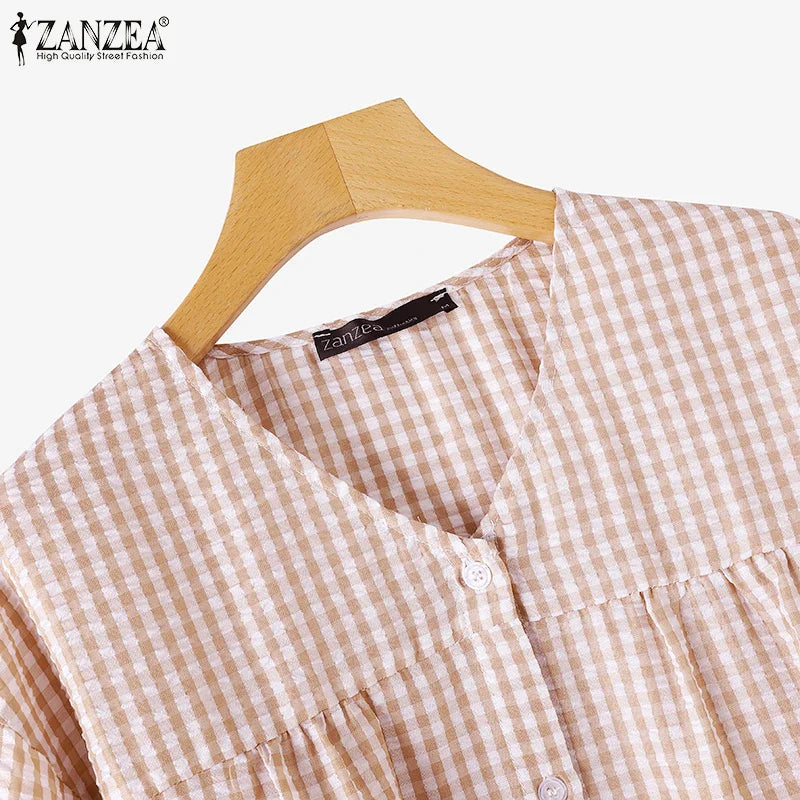 Vintage Plaid Checked  V-Neck Shirt with Long Sleeves