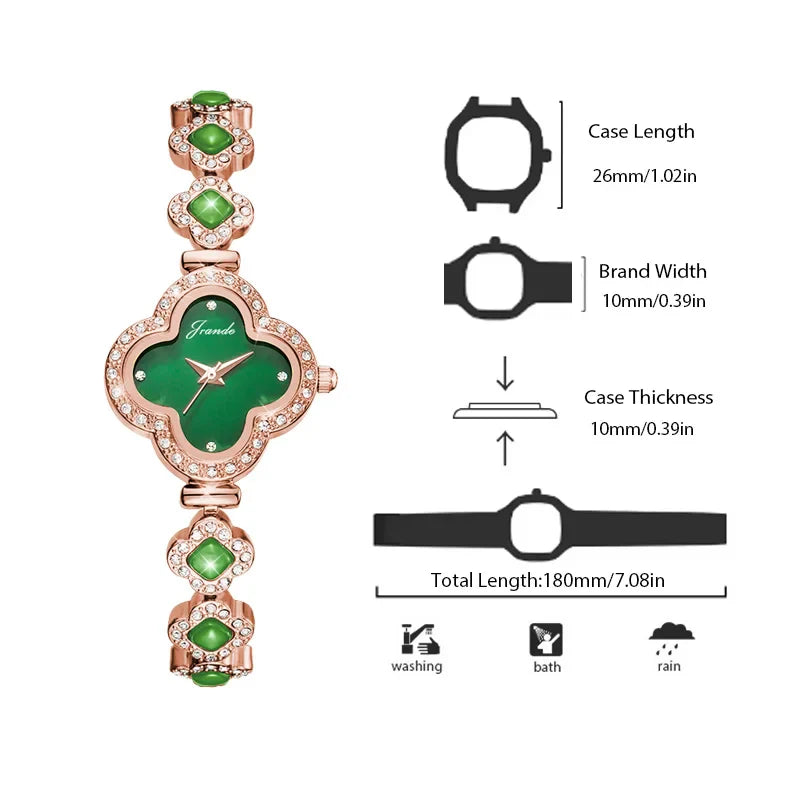 Lucky 4 Leaf Clover Green Rhinestone Watch