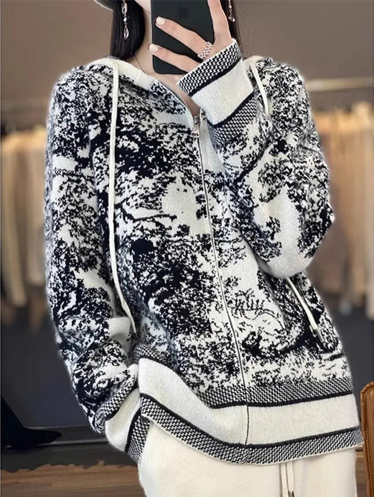 Tie Dye Pure Wool Black and White  Painting Hooded Zipper Cardigan