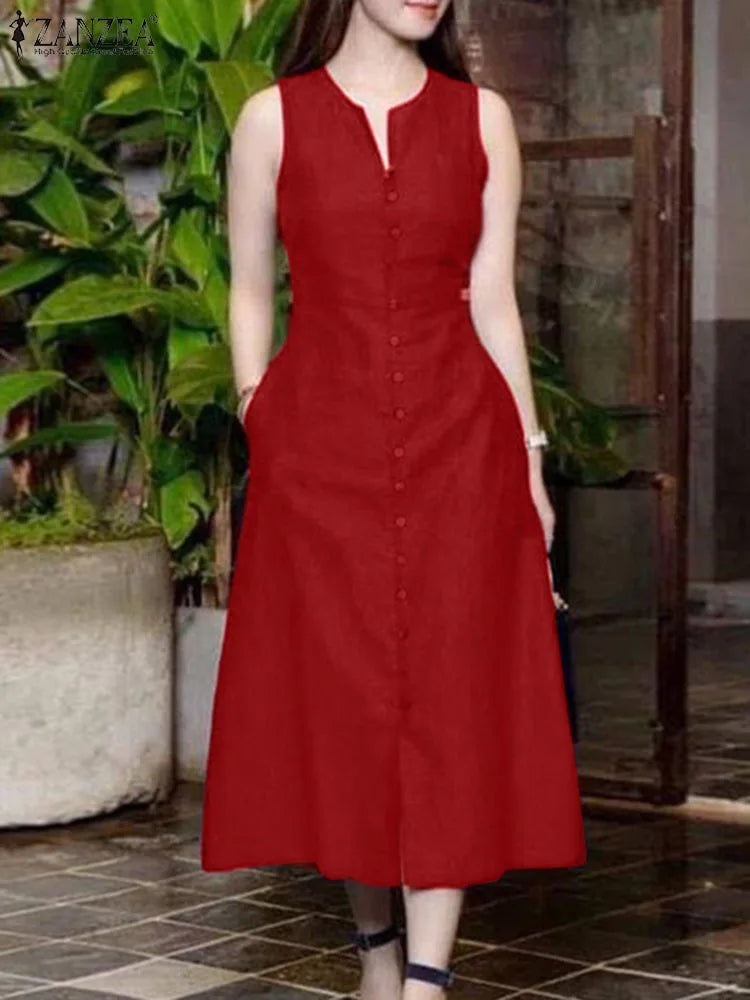 Elegant Leisure Retro V Neck Sleeveless Button Down MidI  Dress