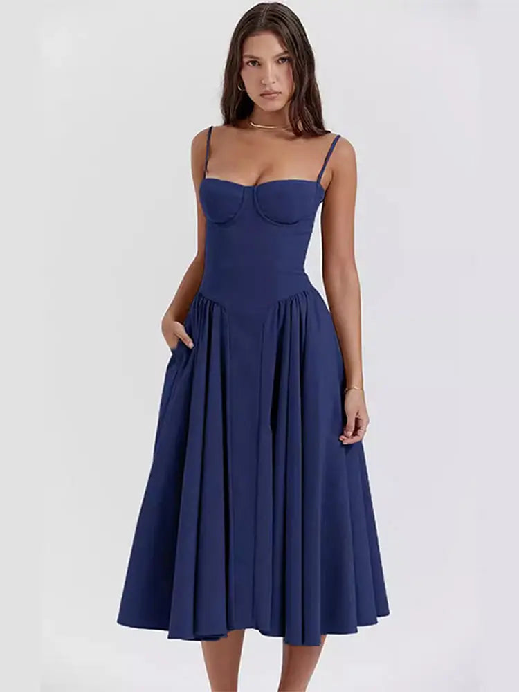 Party Pleated Hem Sling Midi Sleeveless Backless Dresses