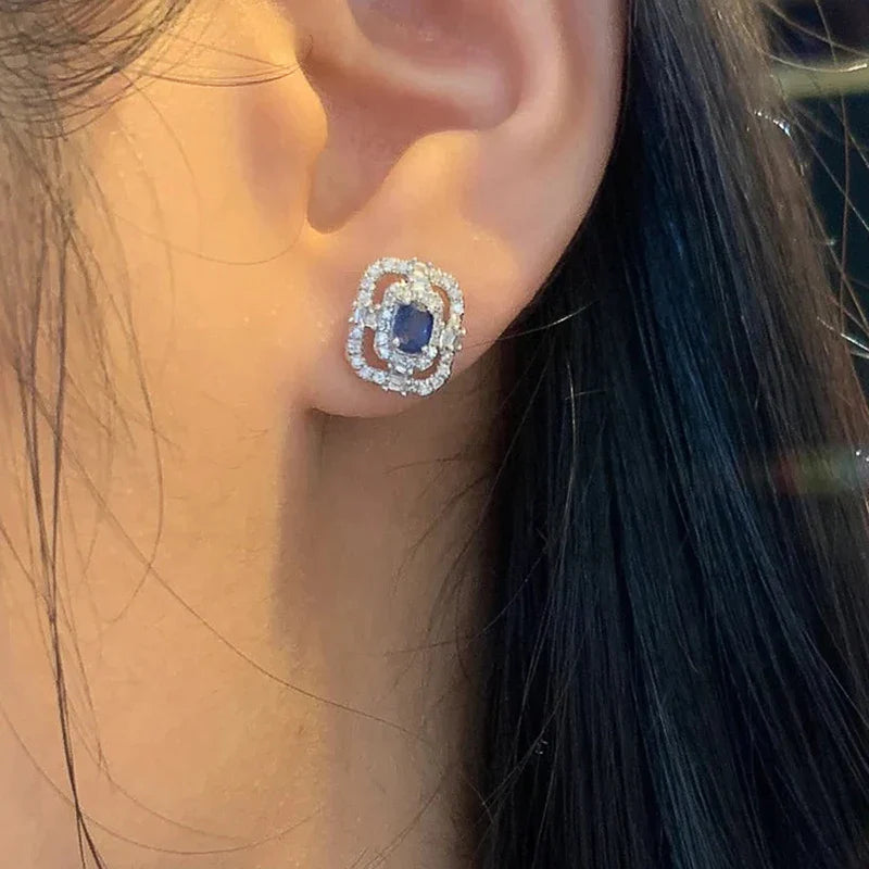 Geometric Shaped Blue CZ Stud Earrings