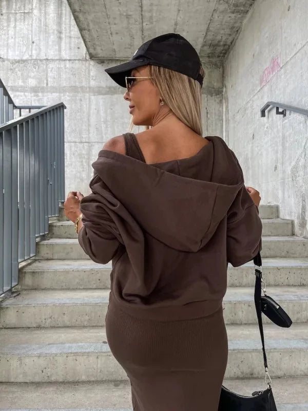 Sporty Slim Fit V-Neck Hooded Sweater Long Dress with Short Top- 2 Prices Set