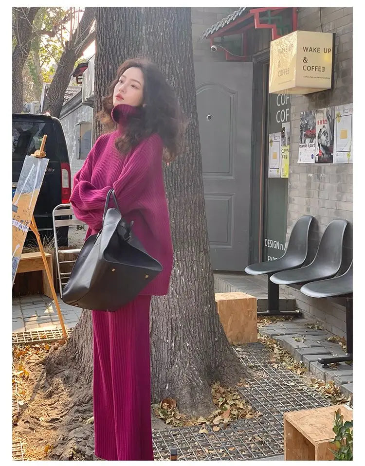 French Trendy Retro Two-piece Set with High Neck Sweater Knitted Top