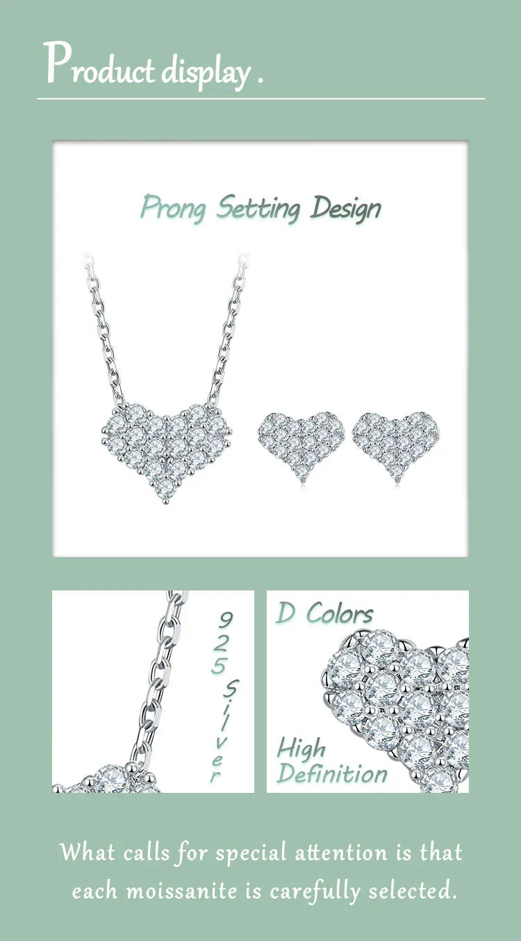 Sterling Silver Heart Shaped Pendant & Earring Moissanite Lab Diamonds Set