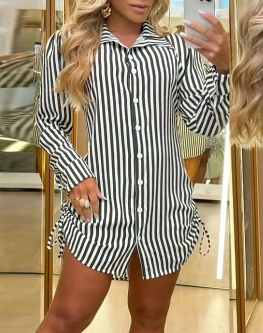 Versatile Striped Print  Drawstring Button Mini  Shirt Dress with Sleeve