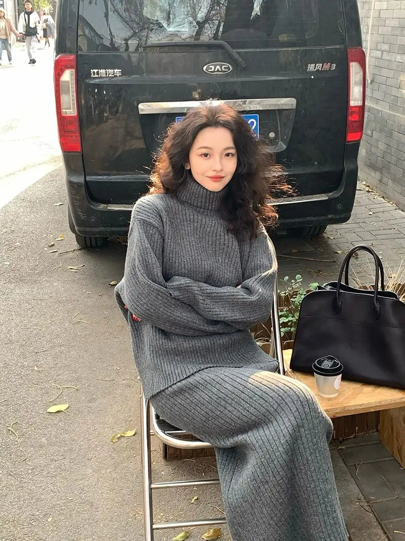 French Trendy Retro Two-piece Set with High Neck Sweater Knitted Top