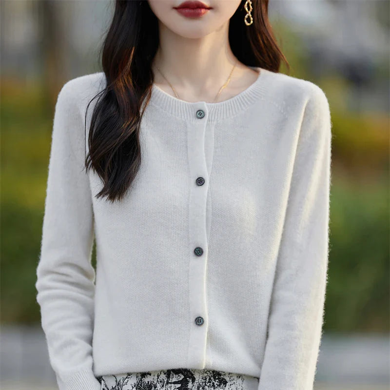 Soft Wool Cashmere Blend Knitted Round Neck Cardigan