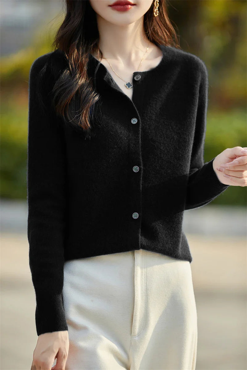 Soft Wool Cashmere Blend Knitted Round Neck Cardigan