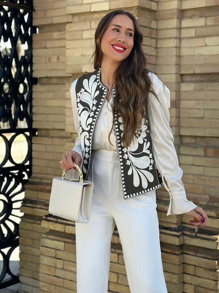 Vintage Floral Embroidered Open Waist Style Vest