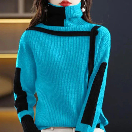 Patchwork Art Design Knit Sweater with High-Collar& Raglan Sleeve