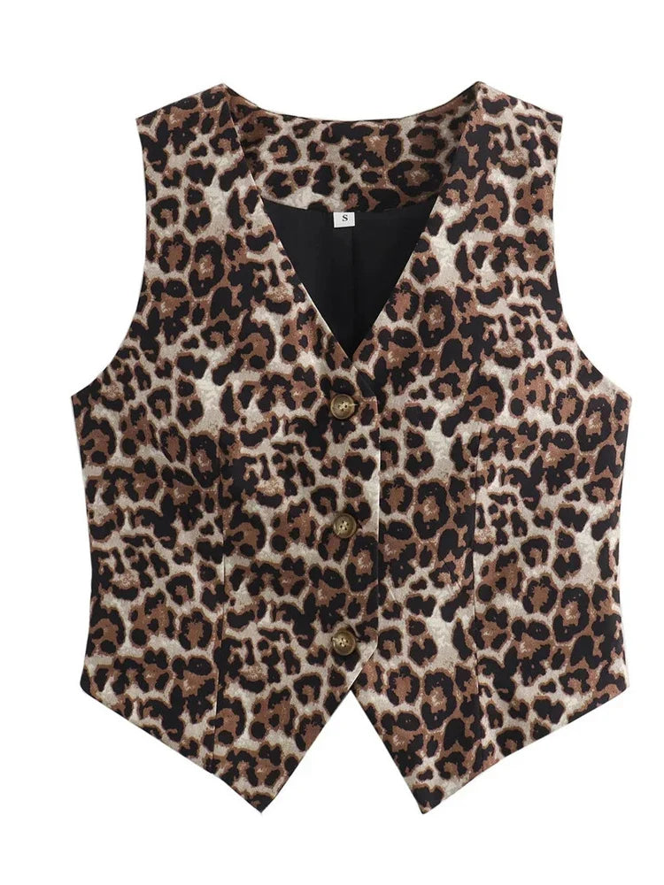 Chic Vintage Leopard Print  Sleeveless  V-Neck Slim Short Vest